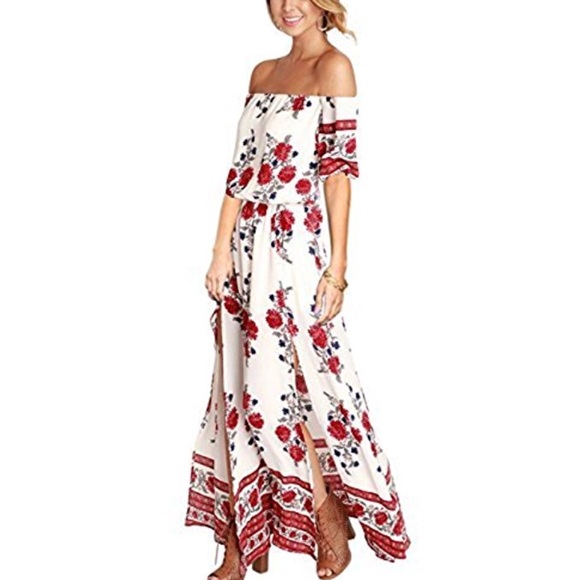 Off Shoulder Bohemian Side Slit Maxi Dress - Picture 3 of 8